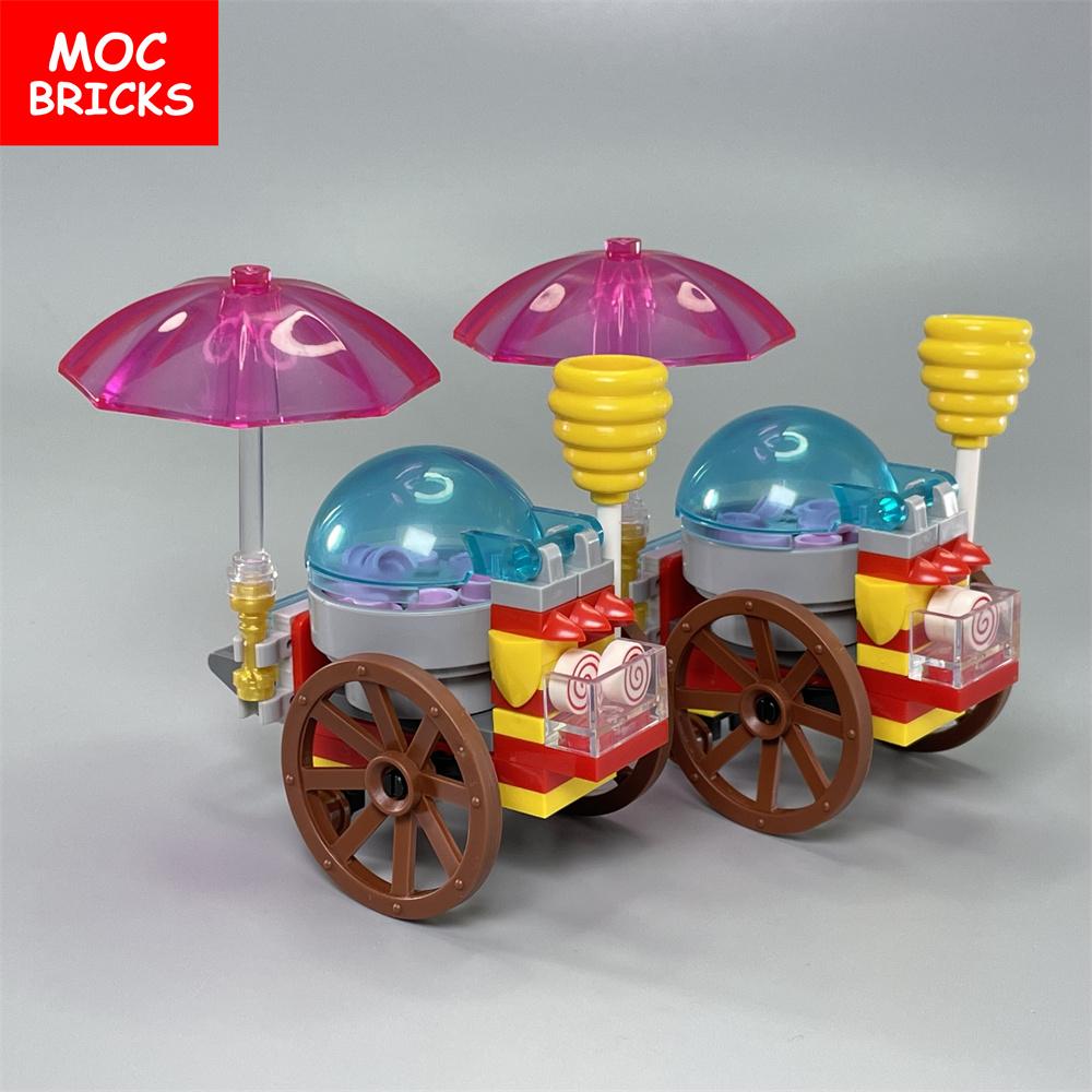 MOC Bricks Cotton Candy Cart City Street View Roadside Stalls Building Blocks Toys for Children Assemble DIY Dolls