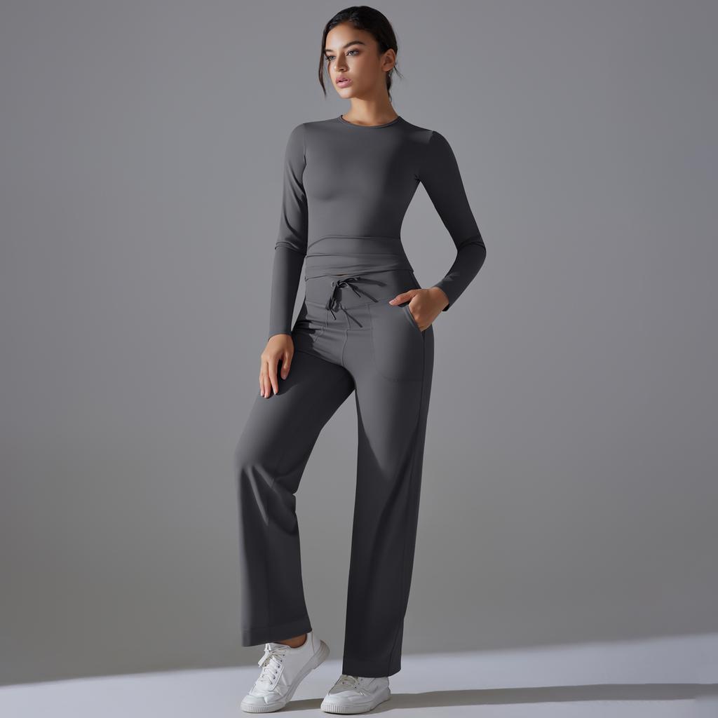 Auroth Long Sleeve Yoga Set With Pockets Women Workout Colthes Gym Top Wide Leg Fitness Pants Sportswear