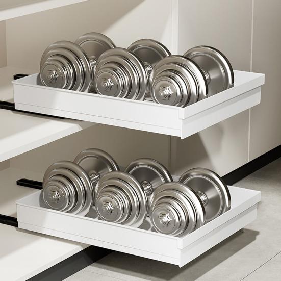 Pull-Out Kitchen Storage Rack with Heightened Guardrail Design Smooth Slide Rail Cabinet Organizer Nail-Free Installation Plastic Storage Bins