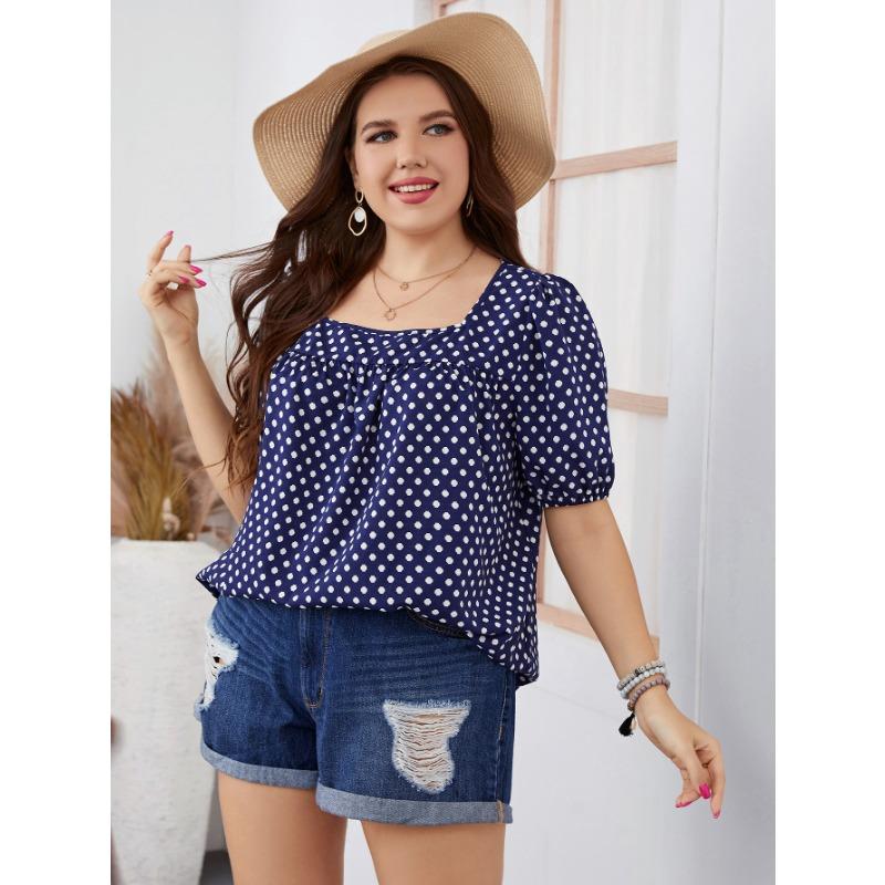 Sommer Herbst Damen Chiffon Kurz Rundhals Bluse Karomuster Temperament Pendler Polka Dot Hemd XL-4XL