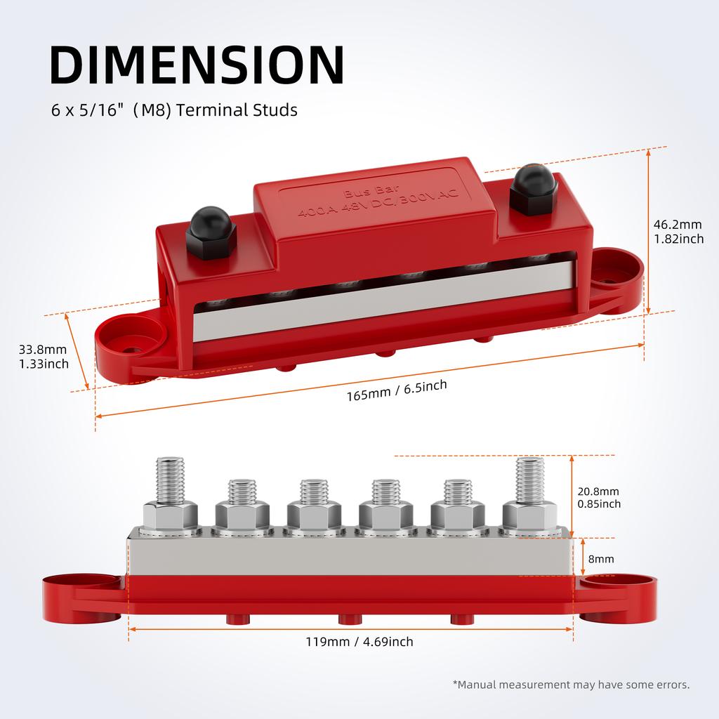 400A Bus Bar 12V Power Distribution Block 6 x 5/16" (M8) Terminal Studs 12 Volt Marine Bus Bar Positive and Negative for Boat Fuses4
