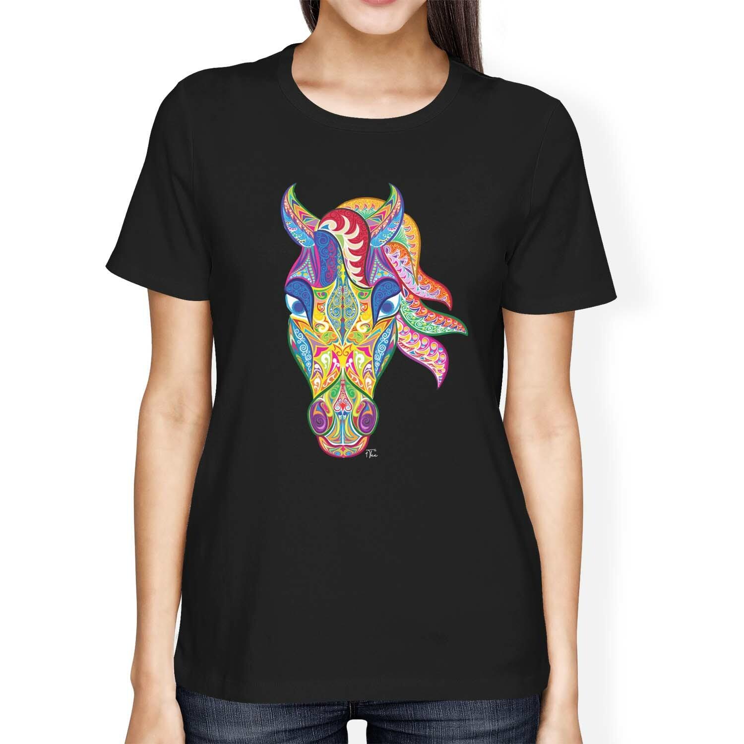 1Tee Womens Loose Fit Abstract Horse Head Colourful T-Shirt S