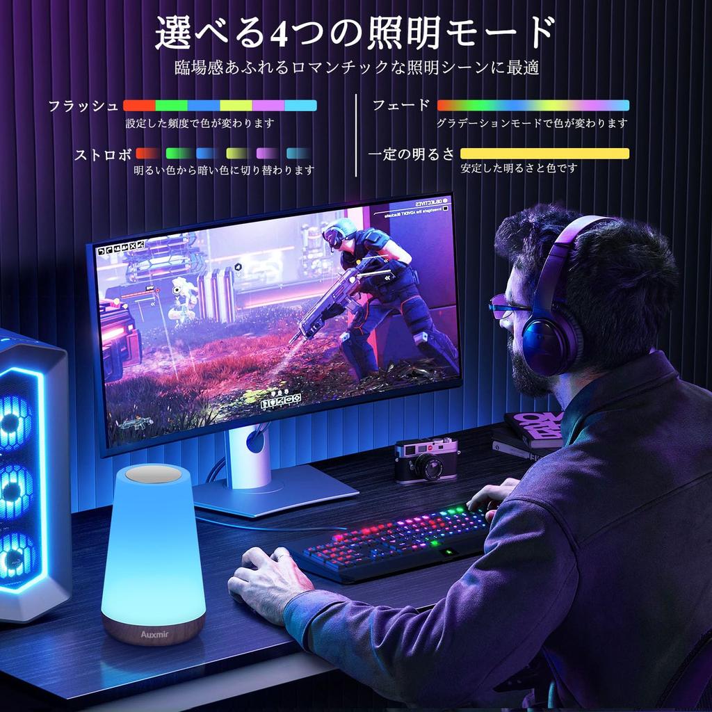 Auxmir Night Light, Nursing Light, Bedside Lamp, Ambient Lighting, Rechargeable, Timer, RGB Light, Dimmable, Color Adjustable, Touch Screen, USB