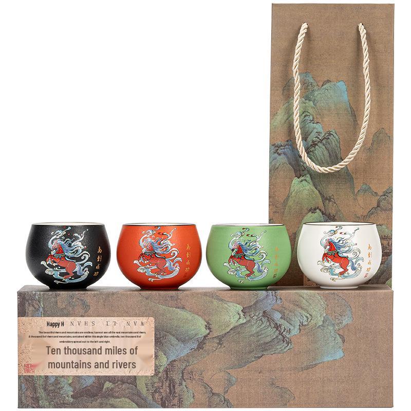 National Tide Cultural Teacup Gift Set: Ceramic Tea Tasting Cup & Host's Gift Box