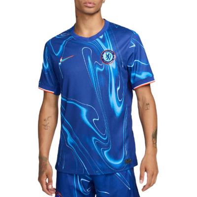 Chelsea FC. 2024/25 Stadium Home Graphic Print Logo Crew Neck Manga curta Camisa de futebol masculina tops Impact-Blue Team-Orange White FN8779-496