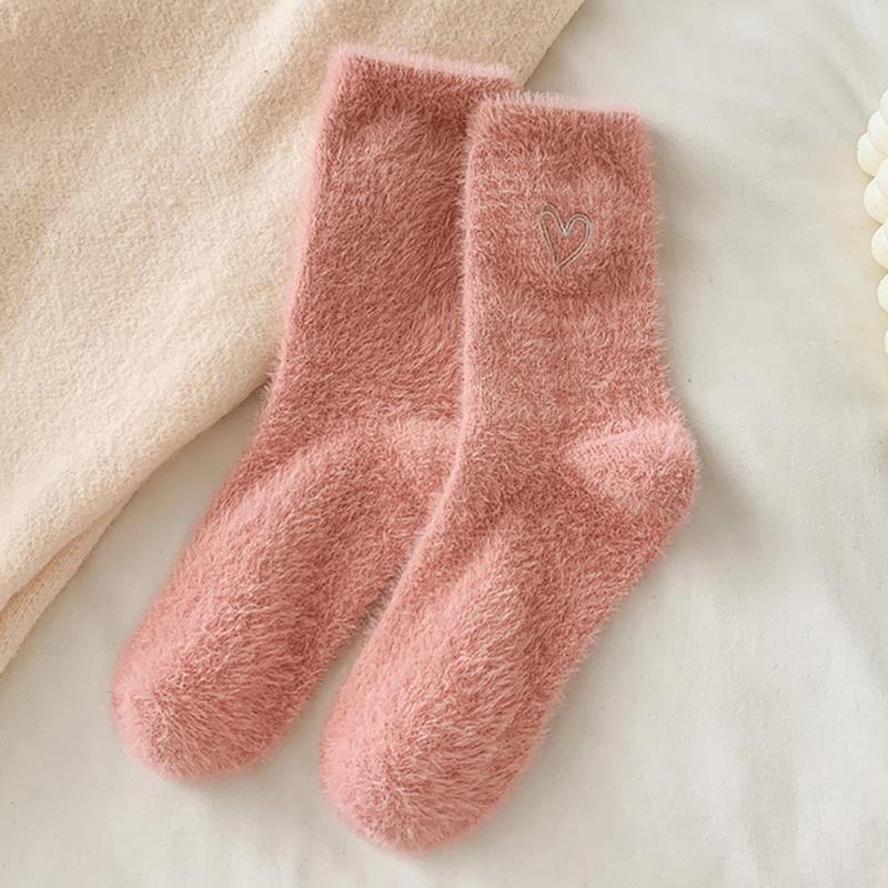 

Утепленные гольфы средней длины из норкового меха, розовые, с вышивкой в виде сердца, женские, осенне-зимние, теплые, для сна, дома, однотонные, плюшевые носки темно-розовый