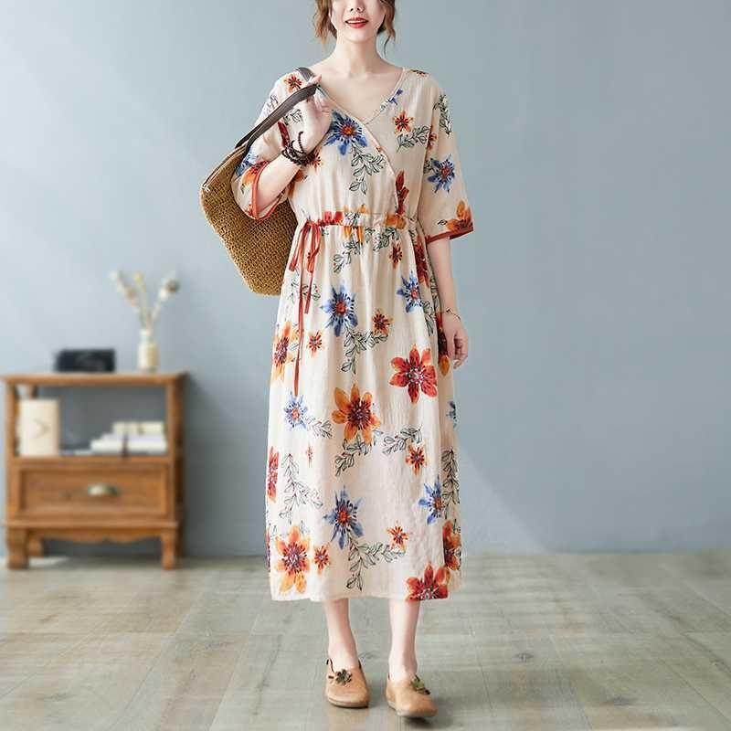 Nowe luźne plus size drukowane sznurki do wiązania w pasie etniczny styl dekolt w serek rękaw pięciominutowy literackie długie sukienki