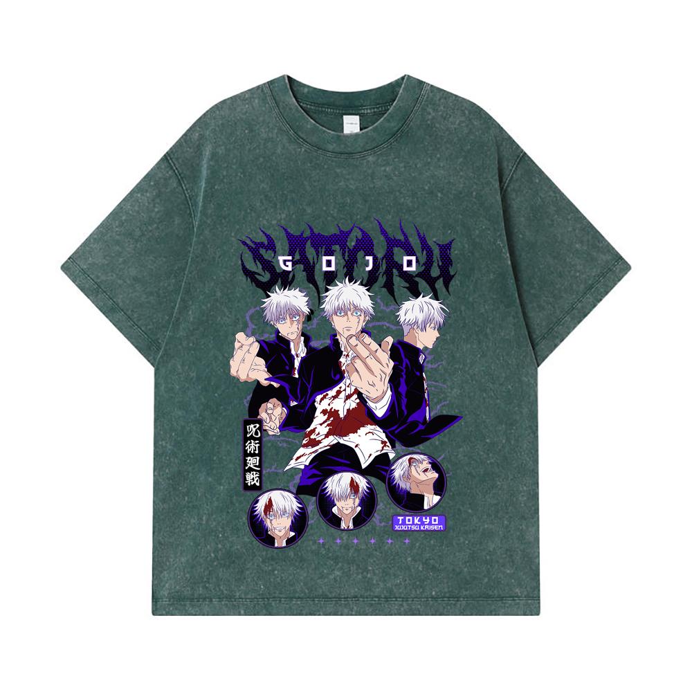 275 GSM Washed T-shirts 100% Cotton Jujutsu Kaisen V6 Gojo Print Unisex Heavy Cotton T Shirt