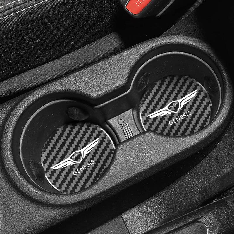 2Pcs Auto Carbon Faser Muster Coaster Nicht Slip Wasser Tasse Matte Anti-Schmutz für Hyundai Genesis g90 g70 g80 gv70 gv80