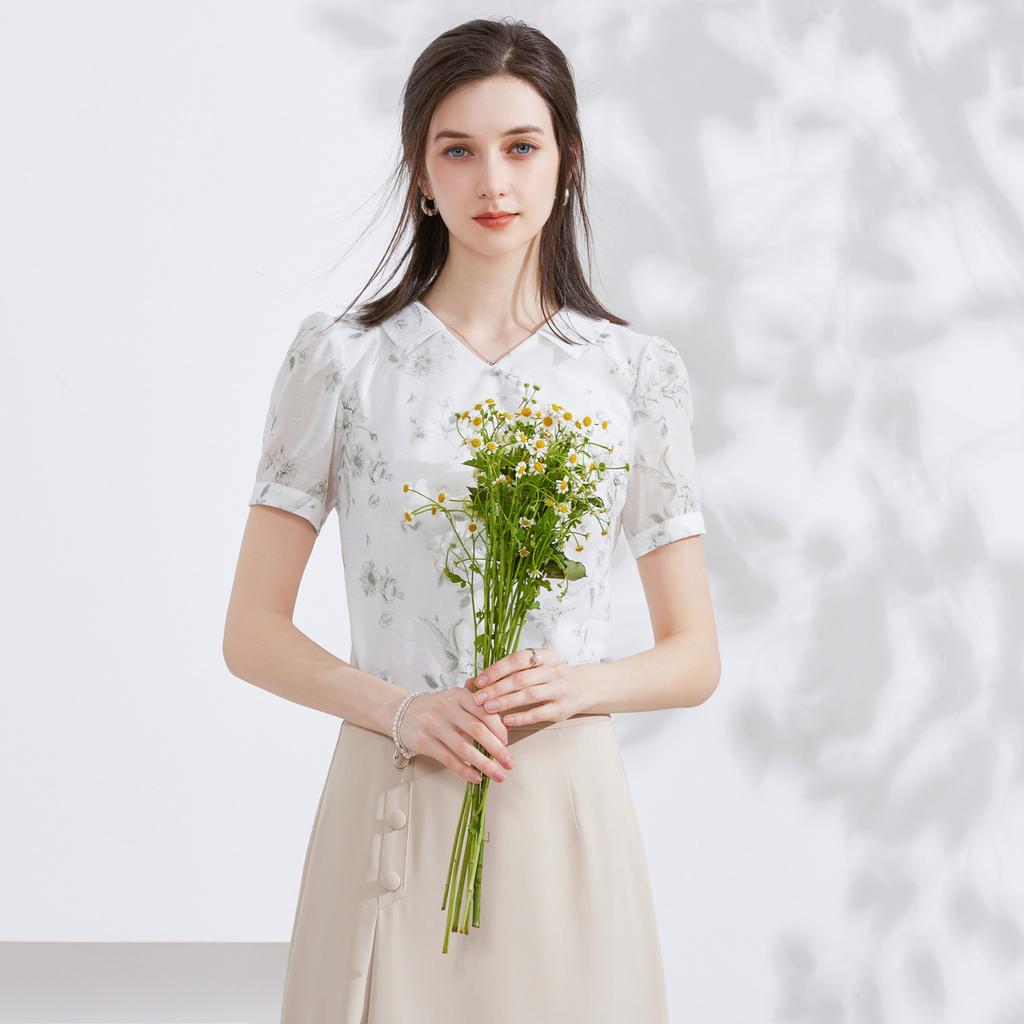 Temperament New Chinese Bubble Sleeve Printed Shirt Women's Summer Edition High End Folding Design Top