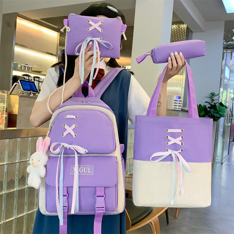 Girl Large Capacity Backpack Set Nylon Lightweight Elementary School Bag for School Start Season Multipurpose Handbag