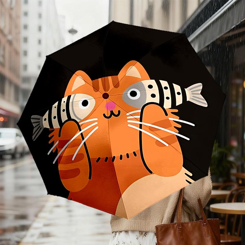 Adorable Cat with Fish Print Umbrella: Perfect for Outdoor Adventures, Auto-Opening & Closing, Lightweight and Durable, Ideal as a Gift 187