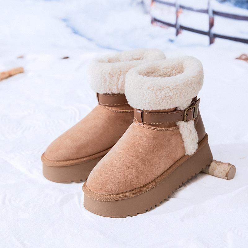 

2025 winter new short tube flip mouth belt buckle snow boots thick-soled Northeast knight boots warm and fashionable versatile 40 малиновый