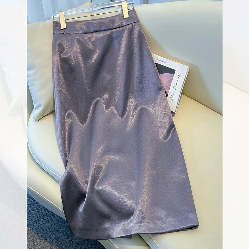 Women's High-End Black Satin A-Line Bodycon Midi Skirt - Spring/Autumn 2025