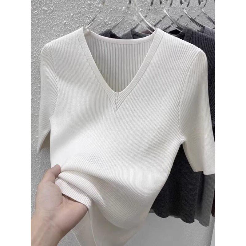 Plus Size Women Clothing Western Style V-neck Short Sleeve T-shirt Women's Summer New Loose Slimming Solid Ice Silk Knitting Top Thin