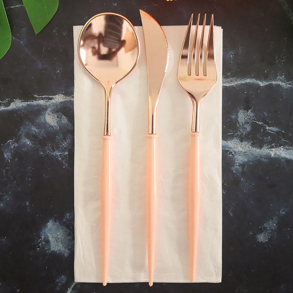24Pcs/Pack Rose Gold Knives Forks Spoons Set Tableware Colorful Gilt Plastic Food Grade Disposable For Birthday Party Cake Fruit Desserts Dinner
