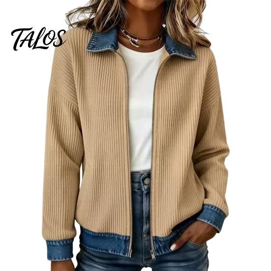 Ribbed Corduroy Top Women Denim Zip-Up Jacket, Long Sleeve Casual Coat, Relaxed Fit Jacket Fall Winter with Contrast Turndown Collar Outerwear