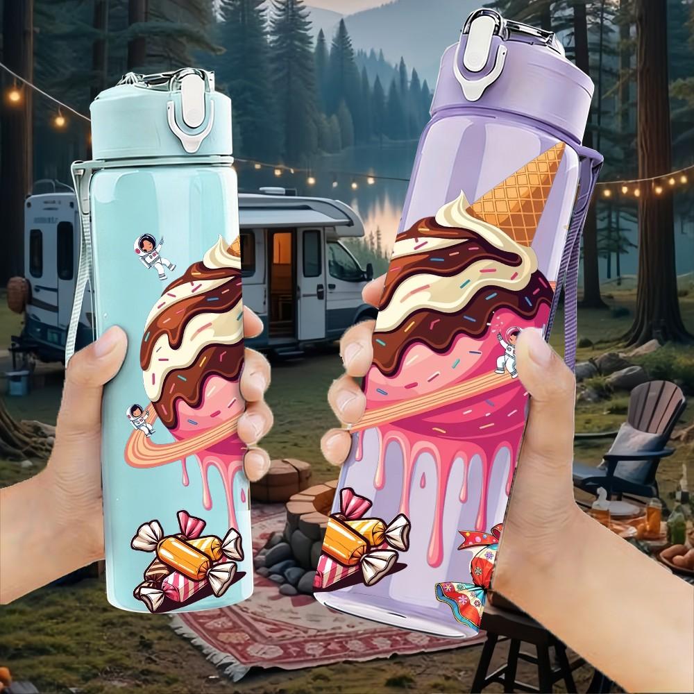 1PC Ice Cream Planet Space Art 750ml Color Plastic Sports Water Bottle Leakproof Flip Straw Lid Suitable for Sports Office Home Use