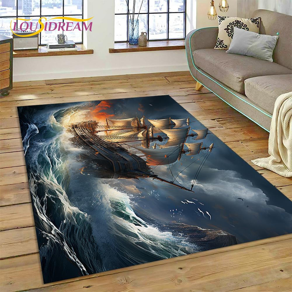 Ancient Pirate Ship Boat,Barque,Sailboa Rug Carpet for Living Room Bedroom Decor,Floor Mat Non-slip Decoration for Sofa Doormat