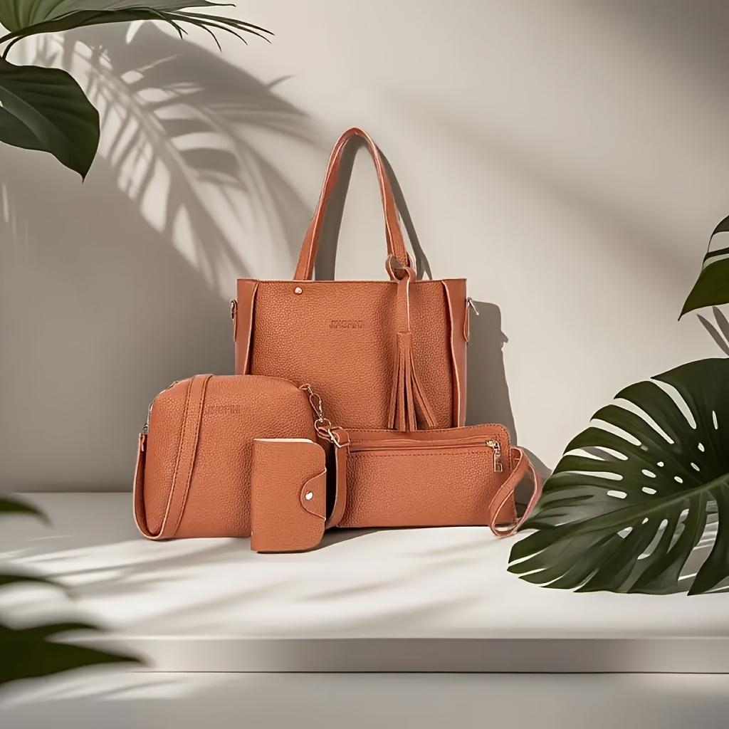 

4 шт., комплект женских сумок, стильный женский кошелек из искусственной кожи, сумка через плечо, модный декор, аксессуар коричневый