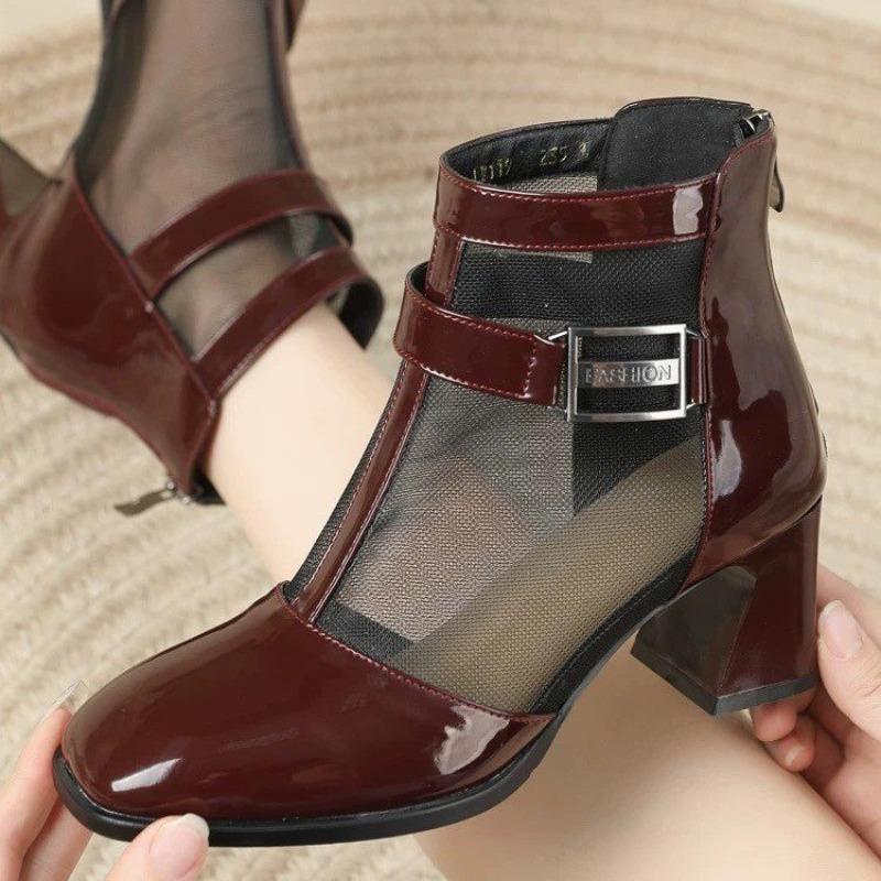 Cool Boots Spring New Square Head Splicing Mesh Metal Buckle Back Zipper Anti-slip Wear-resistant Short Boots