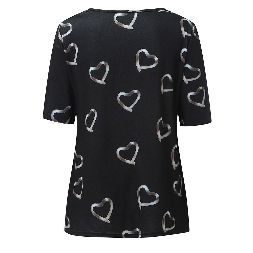 Women Hearts Print V-neck Lace Patchwork Short Sleeve T-shirt Pullover Blouse