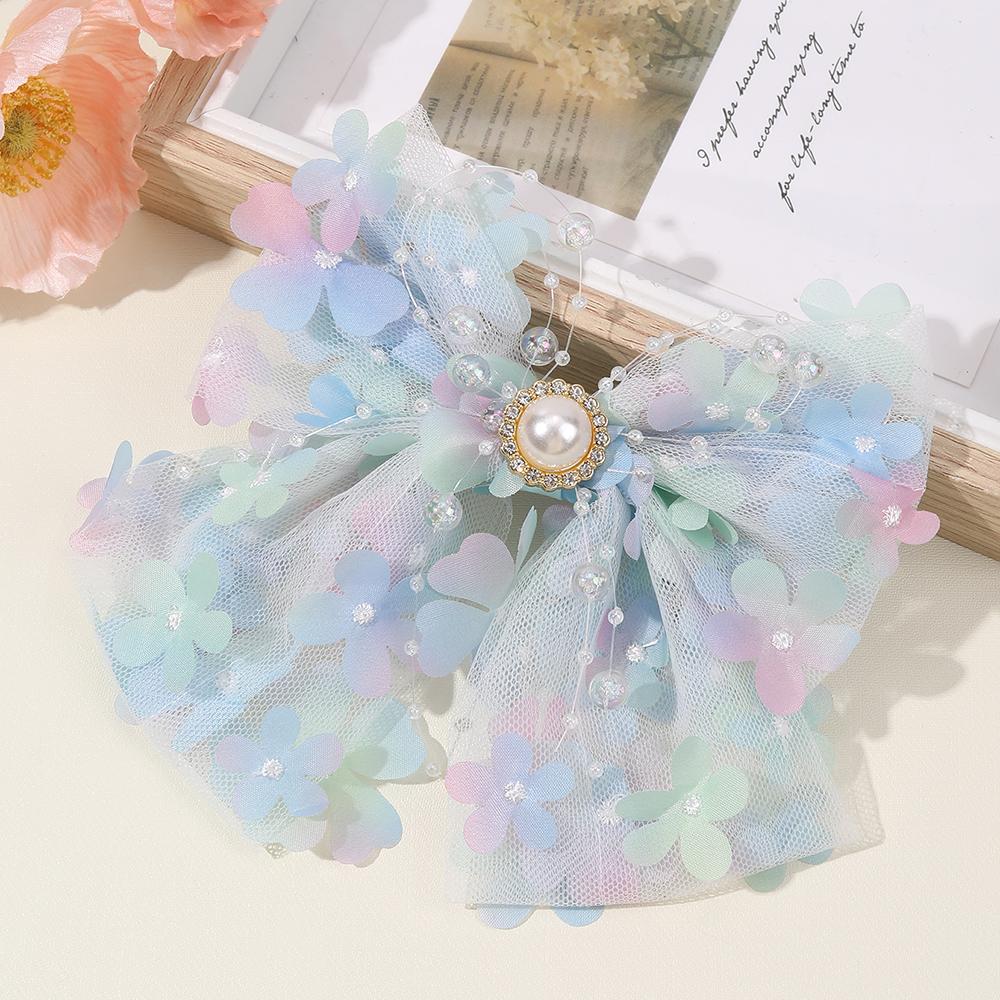 Clips de Păr Trendy cu Flori și Fundă, Agrafe Elegante din Plasă Degrade, Clame Florale Dulci Lucrate Manual pentru Femei și Fete, Accesorii pentru Păr