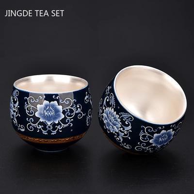 Tasse à thé bleue et blanche en argent doré Céramique faite main Tasse à thé de boutique Portable Tasse unique Bol à thé Accessoires pour le service à thé ménager