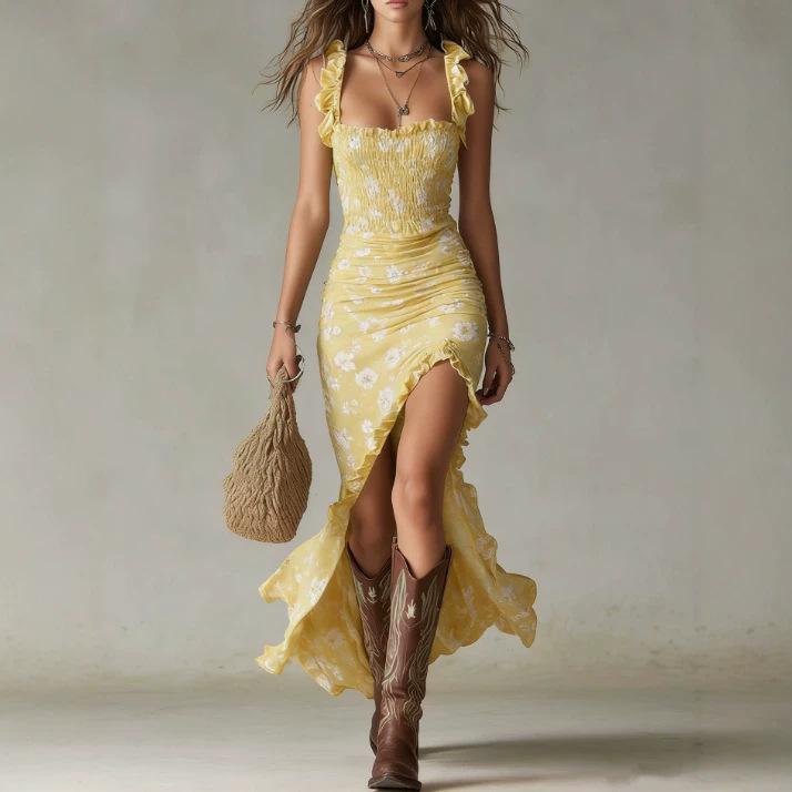2026 summer new station retro floral temperament suspender high split dress