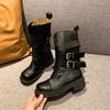 Fashion Retro British Style Mid-leg Boots Women's Spring and Summer New Block Heel Belt Buckle Versatile Single Boots