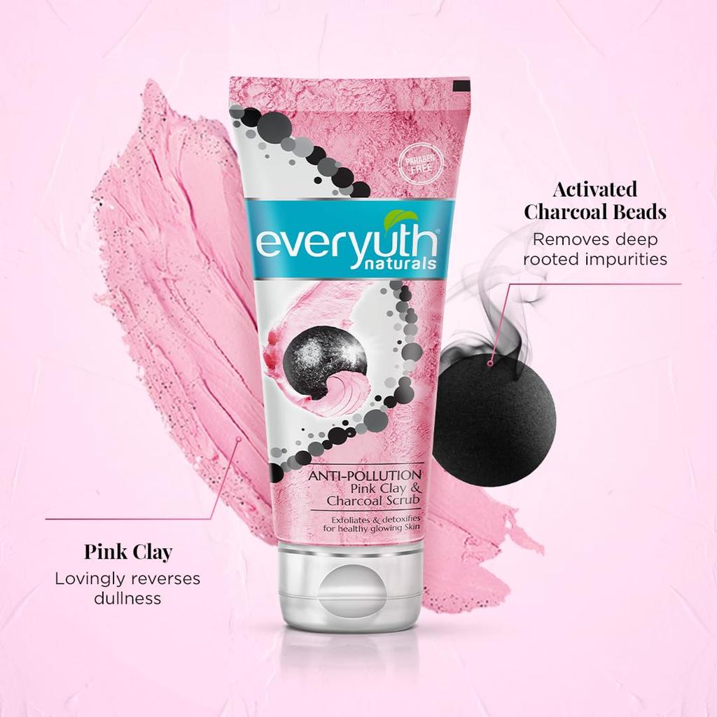 Everyuth Naturals Anti Pollution Pink Clay Charcoal Face Scrub 100g Gentle Exfoliating Cleanser for Healthy Glowing Skin