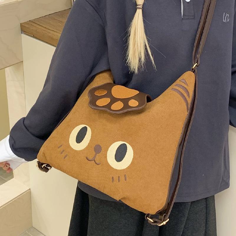 Cartoon Cat Tote Bag With Embroidered Animal Details And Zipper Closure For Office And Casual Wear