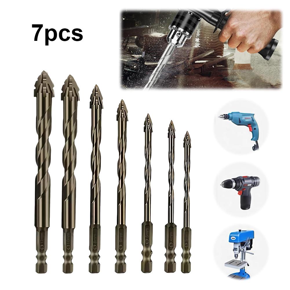7Pcs Oblique Eccentric Twist Drill Bit Multifunctional High Hardness Glass Drill Bit Hexagonal Shank for Concrete Glass Ceramic