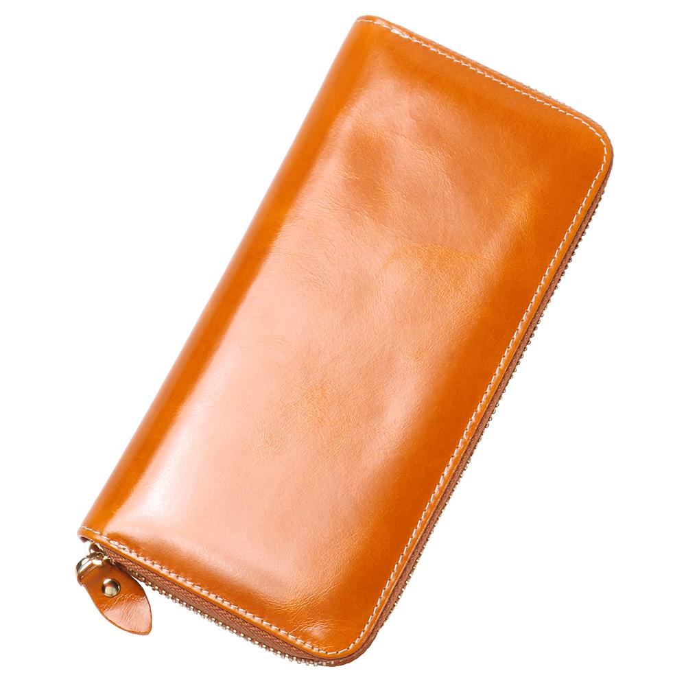 Women'S Leather Long Zipper Clutch Bag Oil Wax Leather Wallet Cowhide Change Bag Key Card Bag