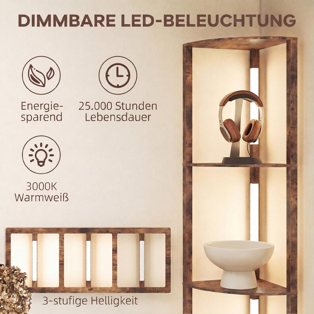 Lampada da Terra a LED con Mensole, 5 Livelli Dimmerabile, Lampada da Terra Moderna con 3 Livelli di Luminosità e Interruttore a Pedale, Marrone Rustico