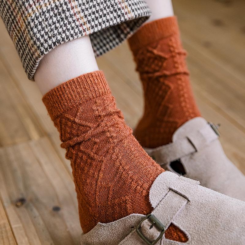 Winter Cashmere Wool Women Socks Solid Japanese Style Retro Long Women Girls Thermal Crew Sock