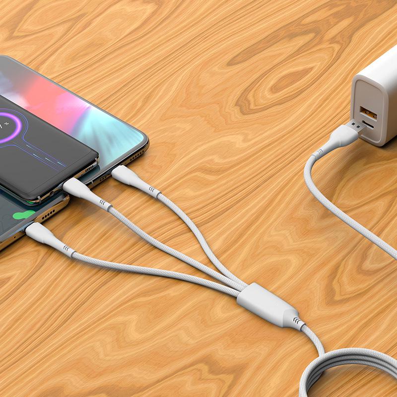 Braided 3-in-1 Fast Charging Cable, 3A, Compatible with Apple & Type-C Android Devices