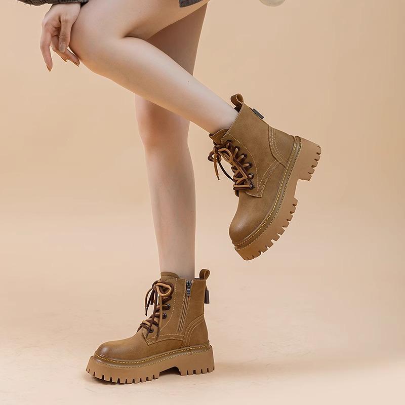 New Style Ankle Boot for Women Leather Autumn Ladies Shoes Thick Heel Platform Motorcycle Boots British Work Short Boots