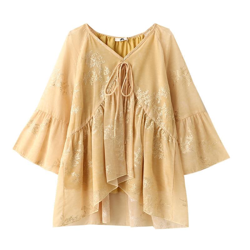 

Новый топ с V-образным вырезом и оборками с кружевной завязкой для женской одежды больших размеров на весну и осень 6XL жёлтый