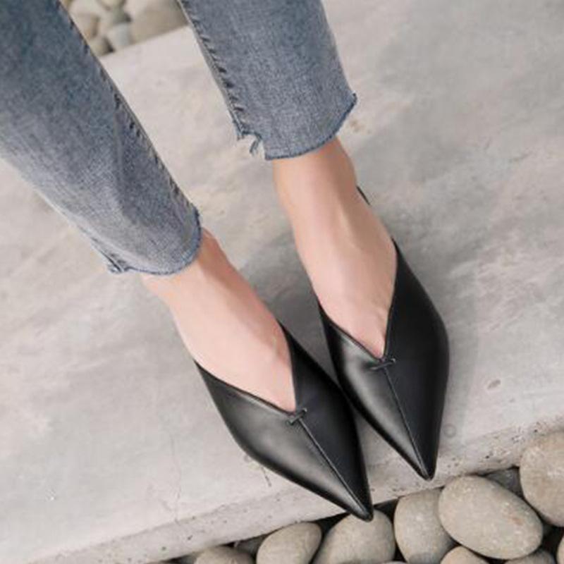 Leather Surface V-mouth Pointed Head Bag Head Slippers Medium Heel Cat Heel Outer Wear Half Slippers Slippers Women's Shoes