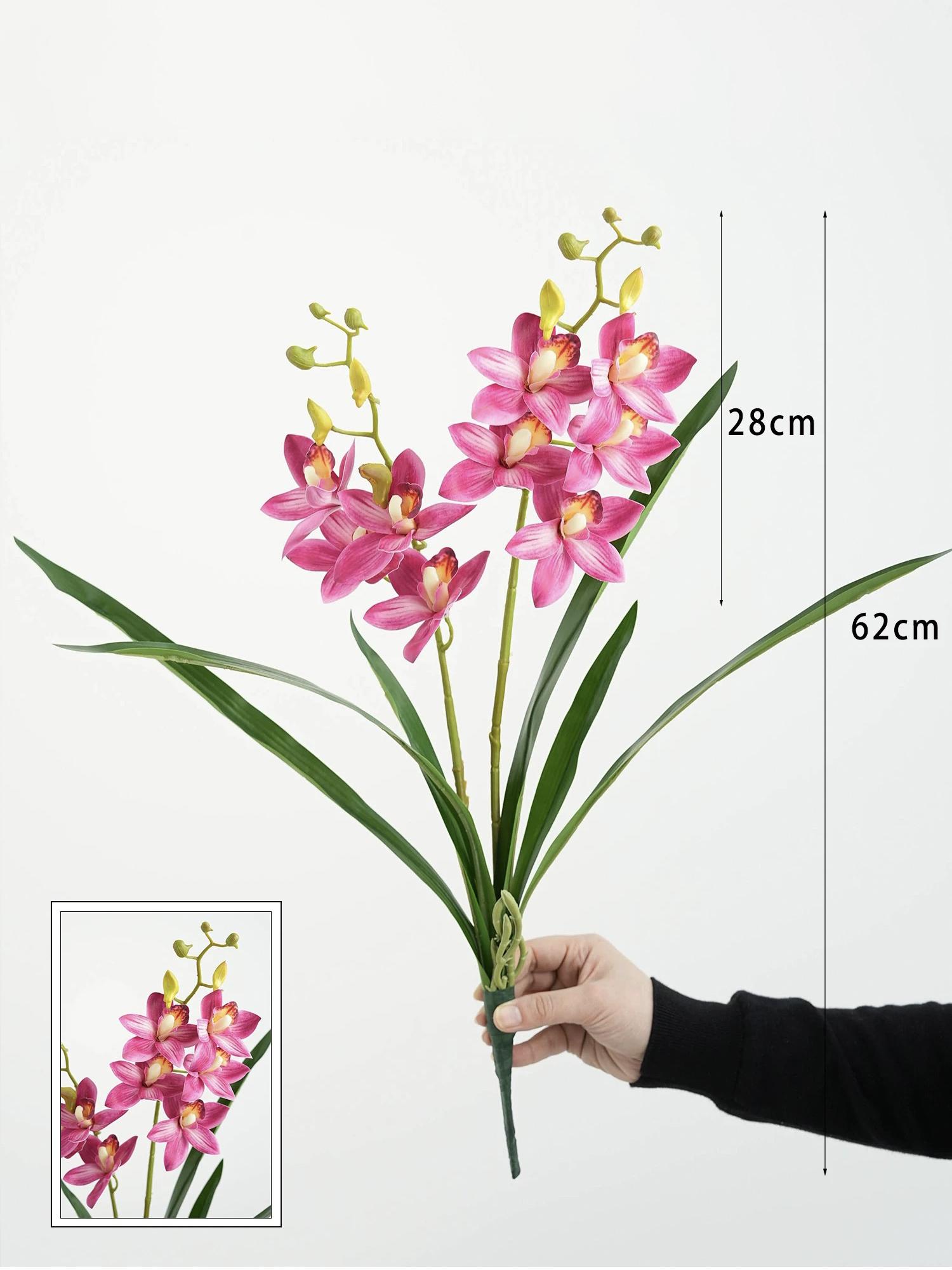 

Искусственные цветы орхидеи цимбидиум с эффектом живого прикосновения, стебель с листьями, 2 ветки для украшения дома и свадьбы роза розовый