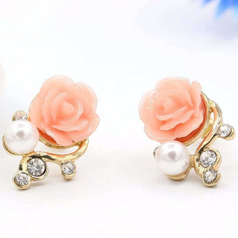 Koreanische Mode Rose Blume Harz Rose Ohrringe Neue Koreanische Damen Imitationsperle Kristall Ohrringe Großhandel Damen Zirkon