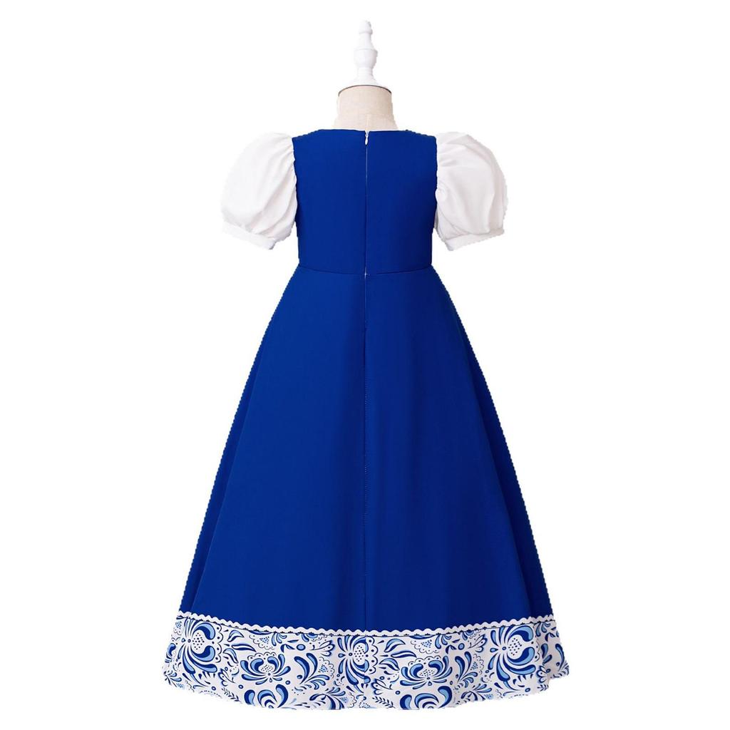 New Girls' Long Puff Sleeve Printed Robe Dress, Round Neck, Middle Eastern Style, Formal Wear