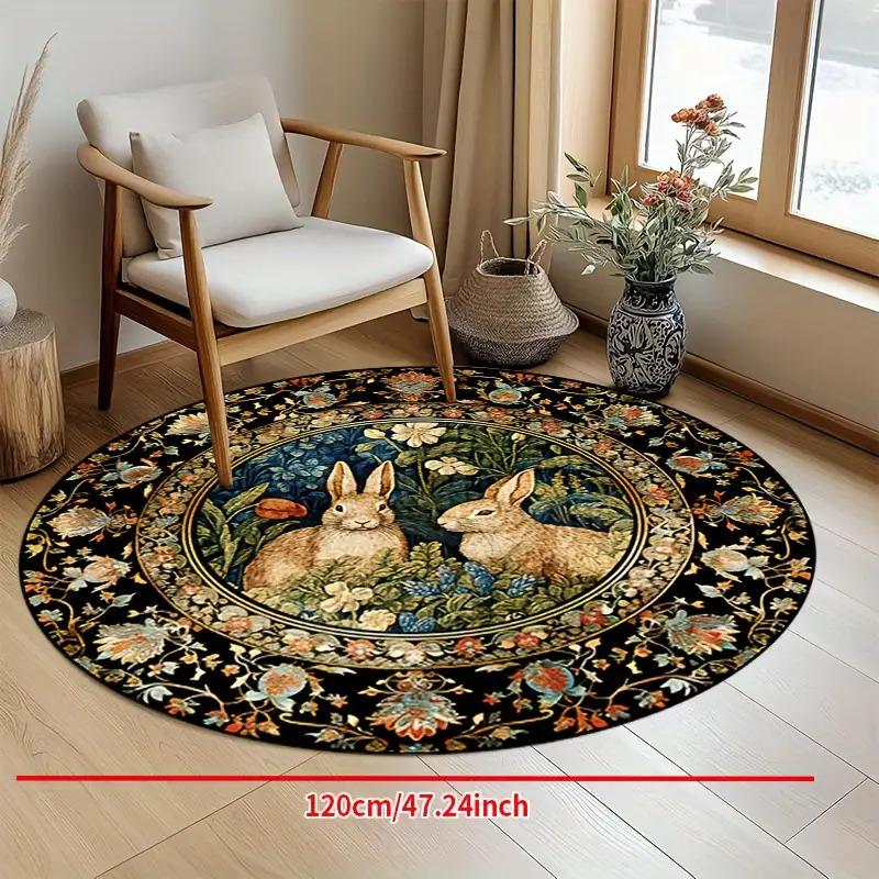 Aesthetic Bunny Love Round Carpet Soft Non-Slip Decorative Mat 2D Print Nature Style Flower Rug for Nursery Patio Holiday Gift