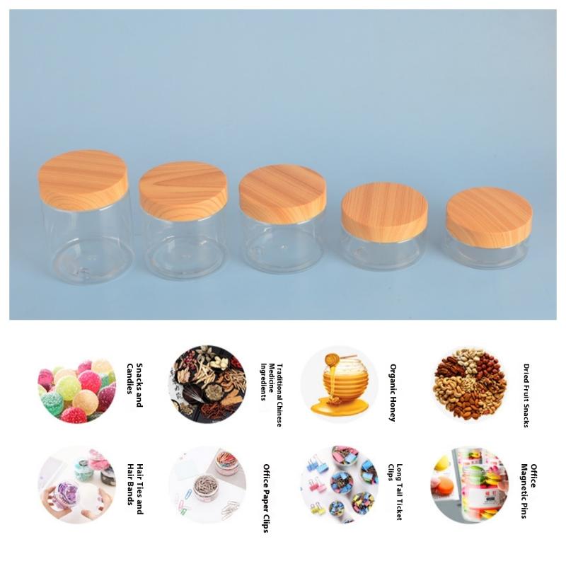 1Pc Plastic Clear Empty Jars Containers with Imitation Wood Texture 30ML-300ML Seasoning Storage Jars for Home Use with Lids