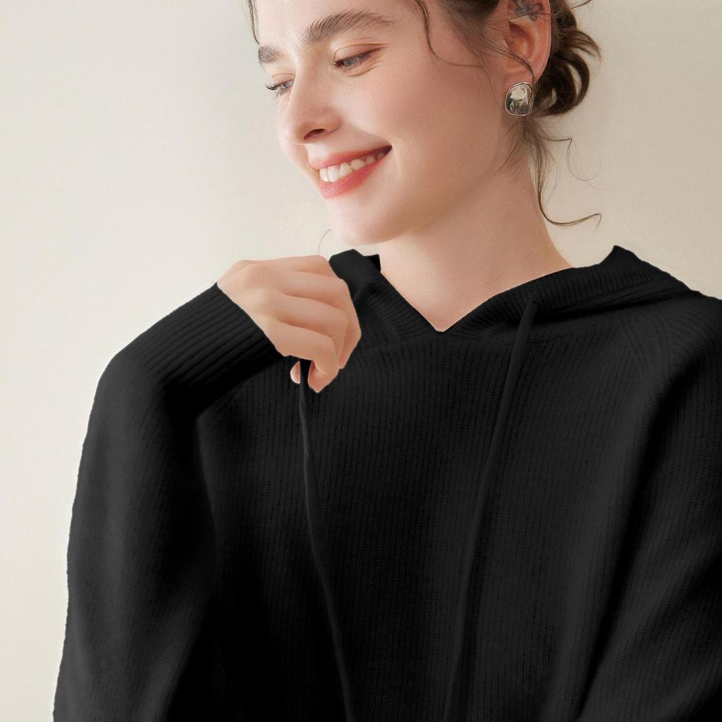 Autumn/Winter 2025 Women's Ribbed Cashmere Hoodie - Thick, Elegant, Solid Color, Warm Base Layer Sweater