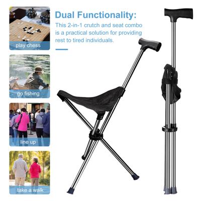 Multi-purpose Folding Stool Trekking Pole Portable Lightweight Walking Stick with 3 Legged Seat Outdoor Climbing Crutch Cane Elderly Walking Aid