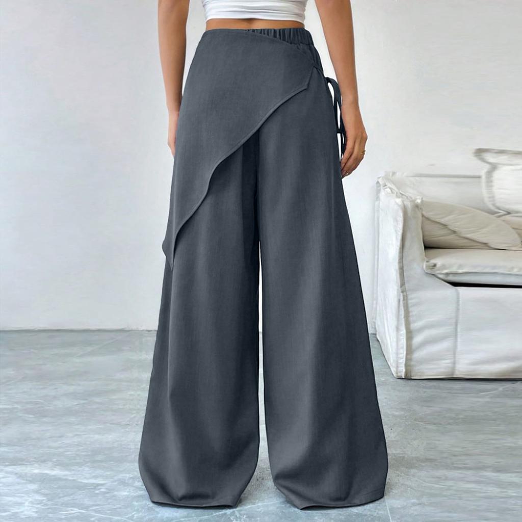 Women's Casual Fashion -Color Elastic Waistband Wide-Leg Straight-Leg Pants With Pockets
