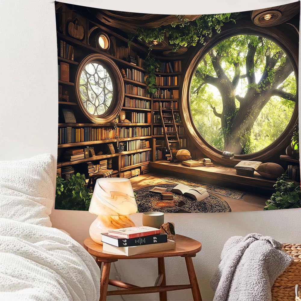 Window Tapestry Forest Window Tapestry Library Tapestries Tree Bookshelf Wall Blanket For For Bedroom Living Room Dorm Decor