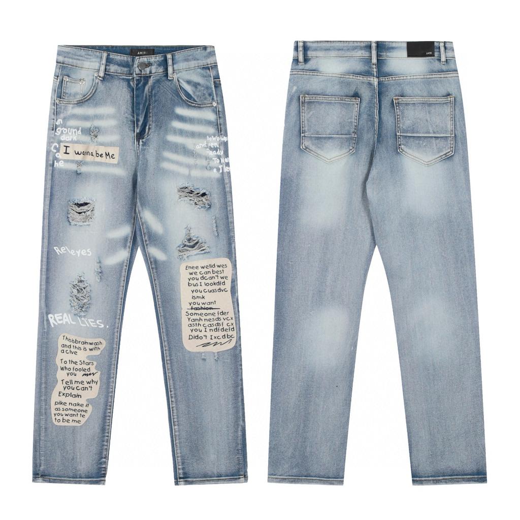 M40 Amiri Men's and Women's American Style Trendy Jeans with Fabric Patches, Holes, Embroidery, Casual and Fashionable High Street Pants